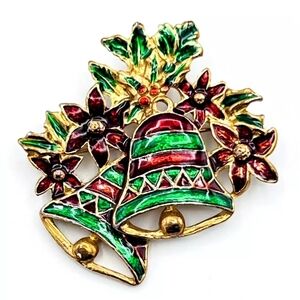 Vintage Red Green Enameled Christmas Bells PoiFestive Gold and Green Bell Brooch